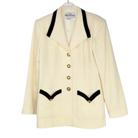 1980s Oleg Cassini Vintage Cream Blazer with Gold Buttons & Black Trim Medium 8 - Picture 2 of 8